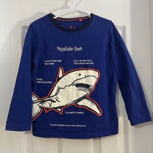 Mini Boden Boy Blue White & Red Long Sleeve Megalodon Shark Graphic Tee